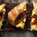 Breakfast croissant with scrambled eggs, cheese, and bacon