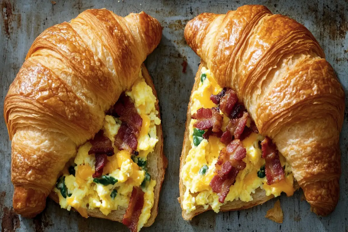 Step-by-step process of making a breakfast croissant