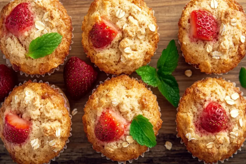 Freshly baked strawberry muffins with strawberries.