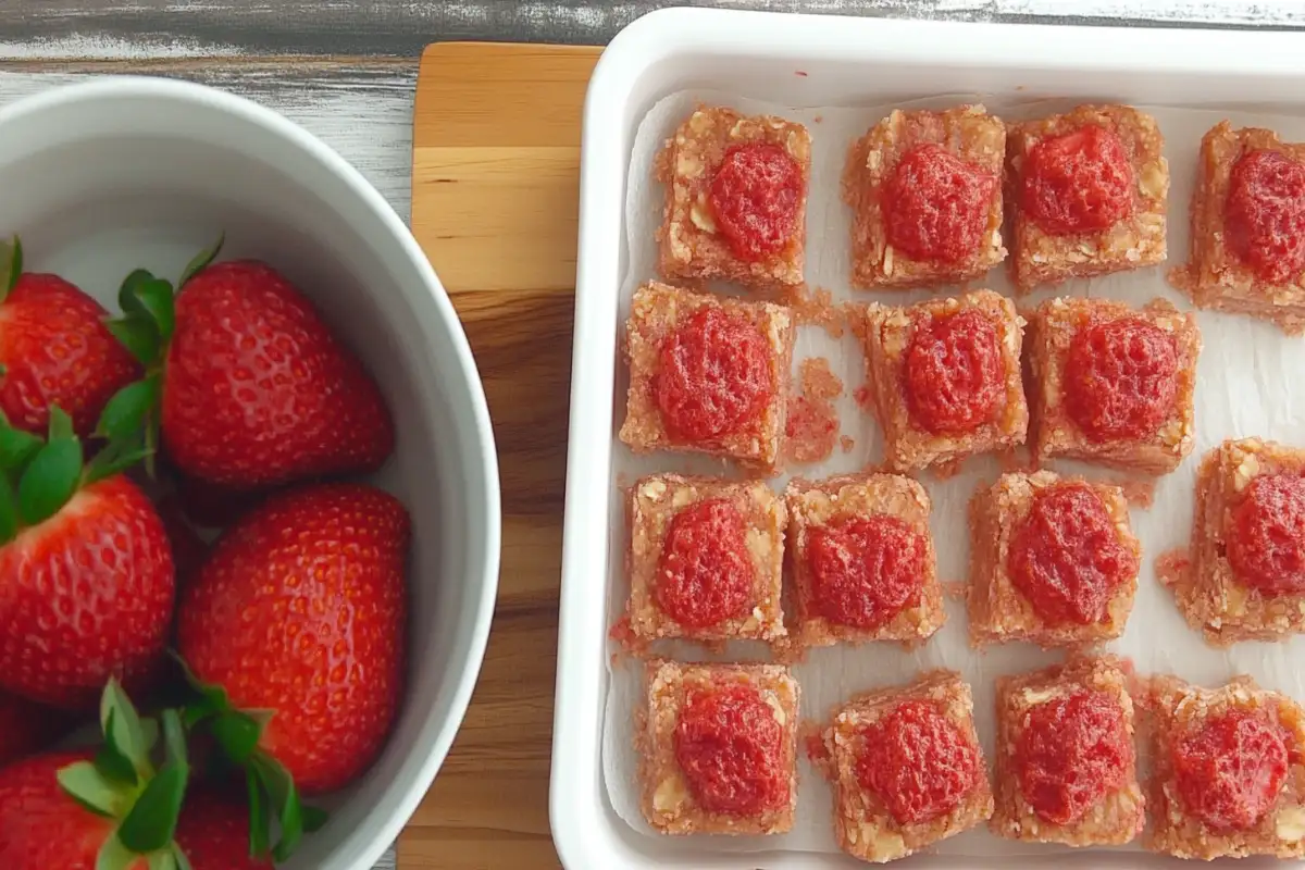 Strawberry oatmeal bars cut into squares