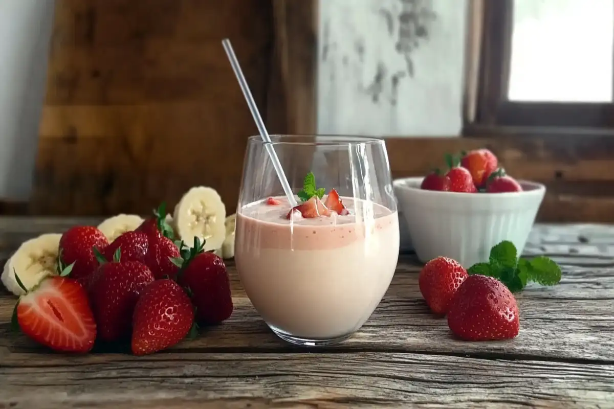 Strawberry-banana smoothie with fresh strawberries and bananas.