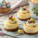 Mini Easter cheesecakes topped with colorful mini eggs and sprinkles on a white plate