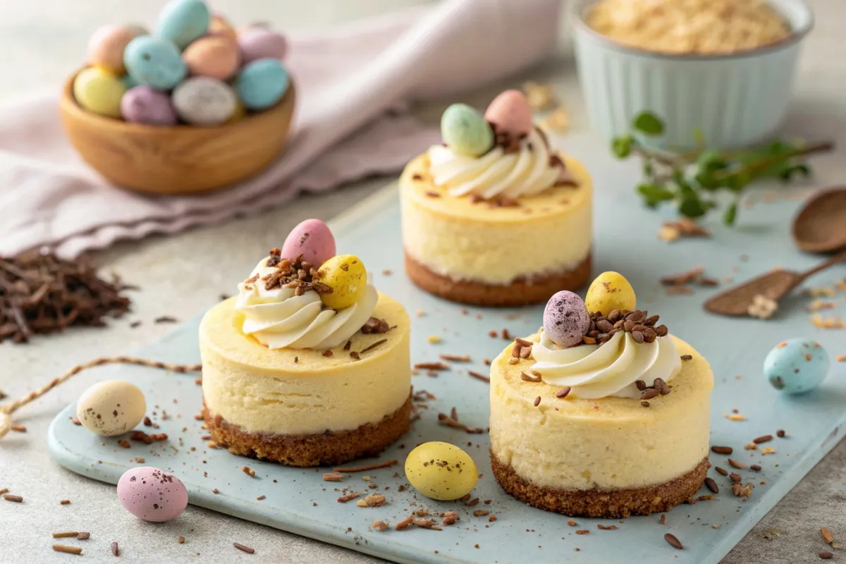 Mini Easter cheesecakes topped with colorful mini eggs and sprinkles on a white plate