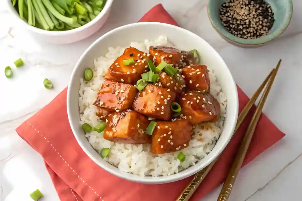 A bowl of crispy honey garlic salmon bites served over fluffy jasmine rice, garnished with sesame seeds and fresh chives, with chopsticks on the side.