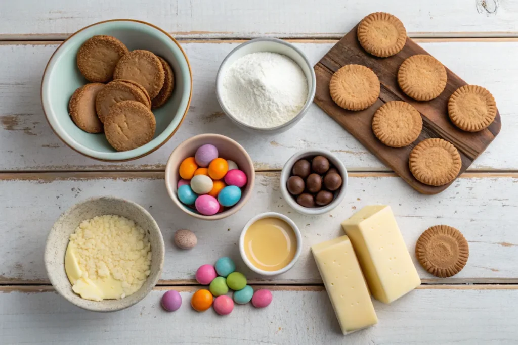 "Ingredients for mini Easter cheesecakes laid out on a wooden table."