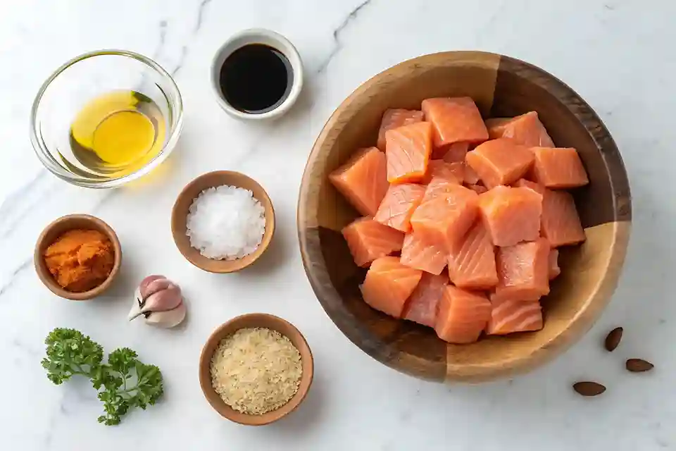 A beautifully arranged selection of ingredients for honey garlic salmon bites, including raw salmon cubes, spices, soy sauce, and olive oil on a white marble kitchen counter.