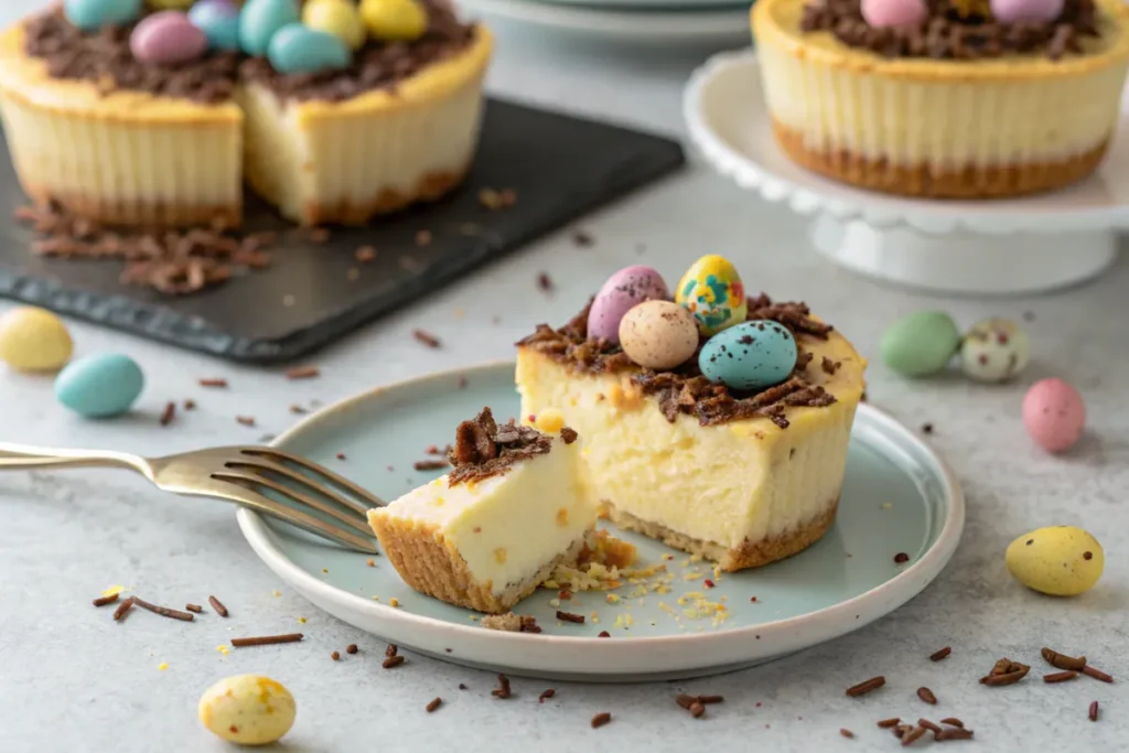 Finished mini Easter cheesecakes with colorful decorations on a serving tray.