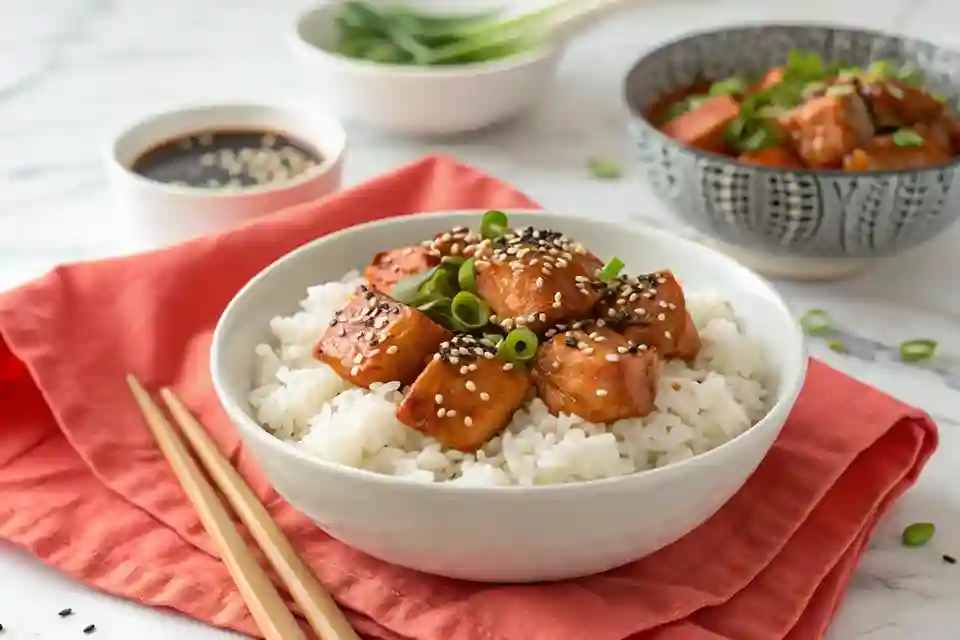 A close-up of golden-brown salmon bites being coated with thick honey garlic sauce in a skillet, creating a rich and flavorful glaze.