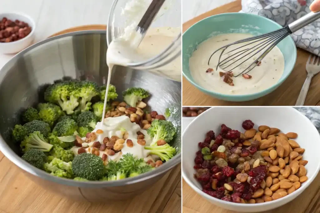 A step-by-step guide to preparing broccoli salad, including the creamy dressing and fresh ingredients.