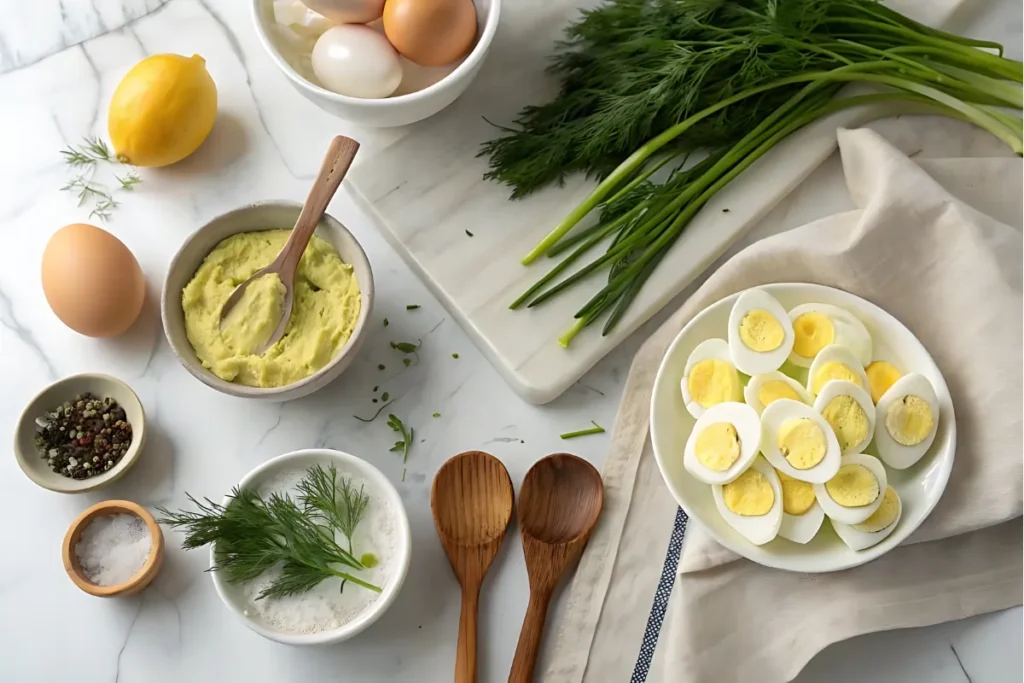 Ingredients for dill egg salad arranged on a marble countertop in bowls