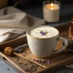 A steaming mug of Earl Grey Fog, topped with frothy milk, served in a rustic ceramic cup with lavender garnish.