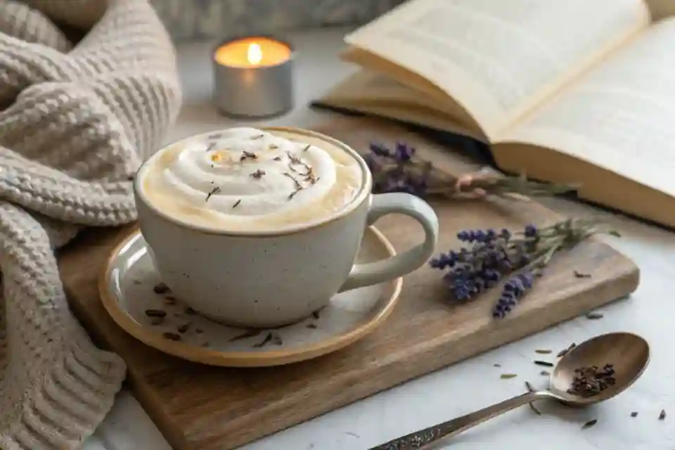 A beautifully served Earl Grey Fog latte in a cozy setting, accompanied by a book and a warm blanket.