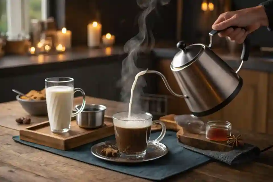 A sequence of images showing the preparation of Earl Grey Fog, from steeping tea to pouring steamed milk.