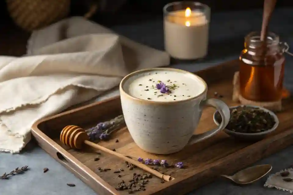 A steaming mug of Earl Grey Fog, topped with frothy milk, served in a rustic ceramic cup with lavender garnish.