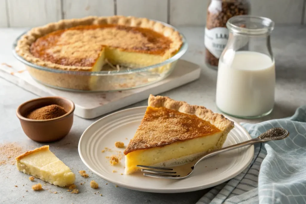 Freshly baked egg custard pie with a golden crust, sliced and served on a plate