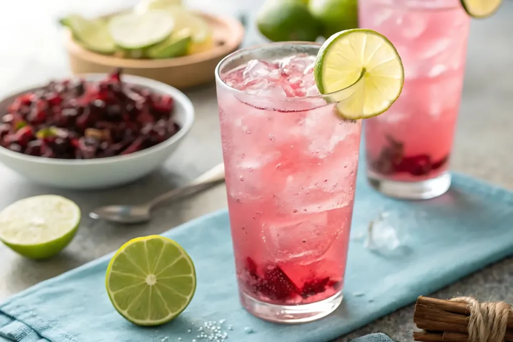 Glass of hibiscus spritz mocktail with ice, lime wedge, and mint garnish