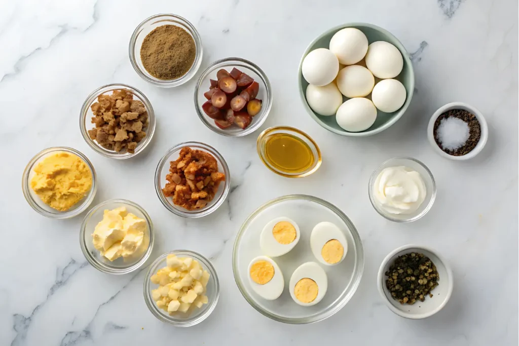 A collection of ingredients for making deviled eggs, including hard-boiled eggs, mayonnaise, mustard, bacon, and spices.