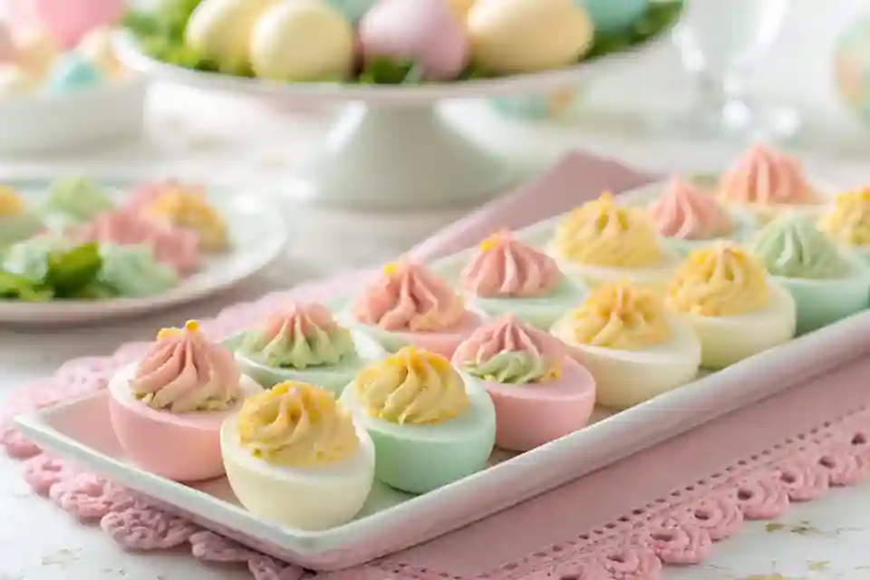 A plate of pastel deviled eggs filled with creamy yolk mixture, ready to serve as an Easter party appetizer.