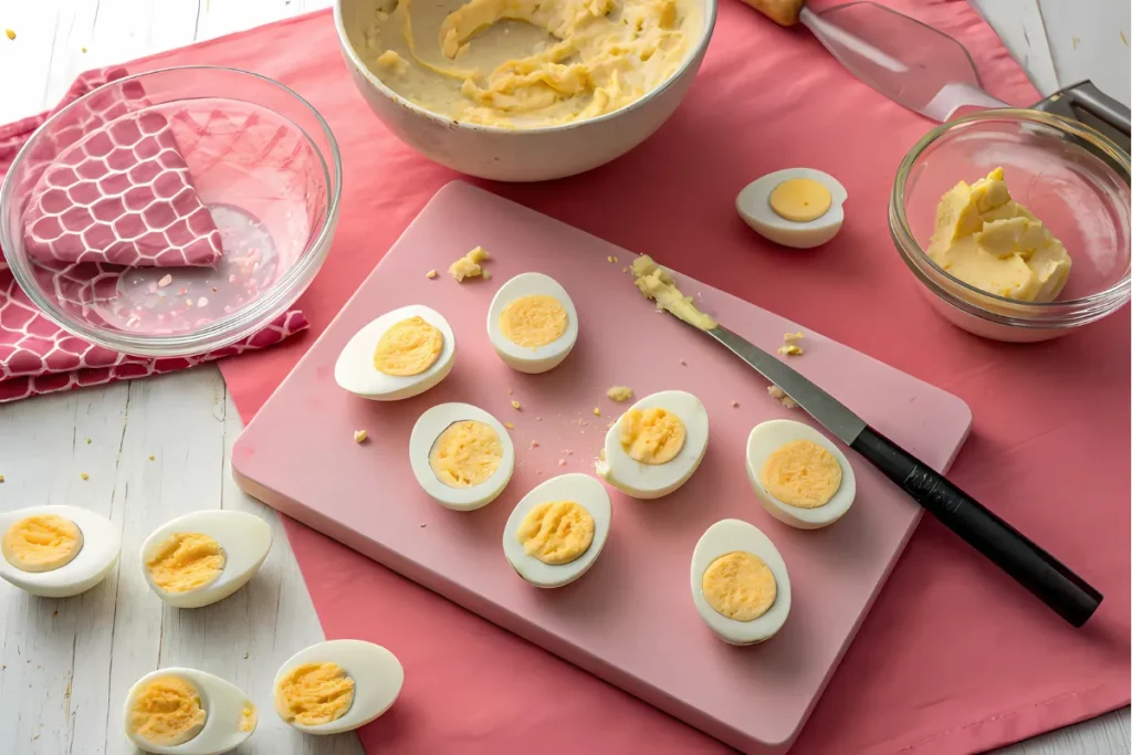 Egg yolks in a glass bowl with hard-boiled egg whites on a cutting board, ready for deviled egg filling.