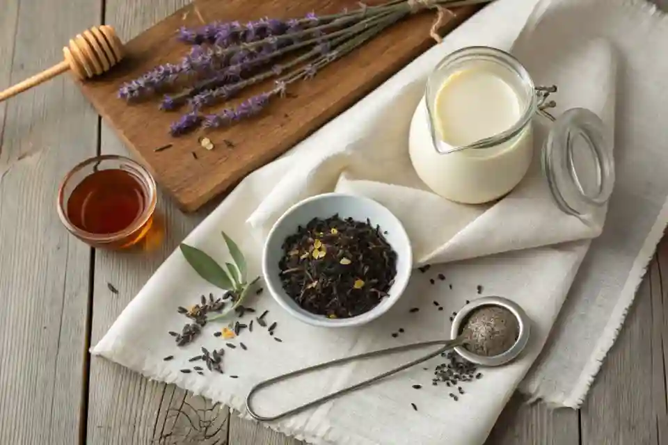 A flat-lay of Earl Grey Fog ingredients, including loose Earl Grey tea, vanilla syrup, steamed milk, and lavender buds.