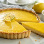 A freshly baked lemon tart with a golden crust and smooth, tangy filling, garnished with candied lemon peel.