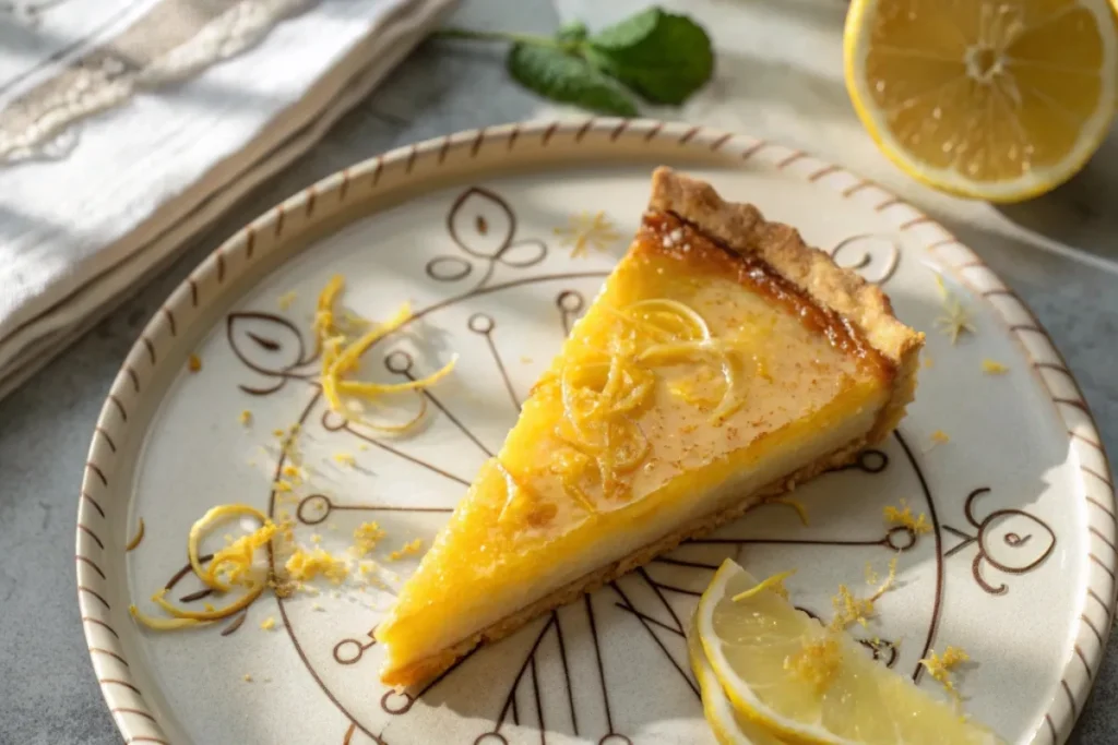 A freshly baked lemon tart with a golden crust and smooth, tangy filling, garnished with candied lemon peel.