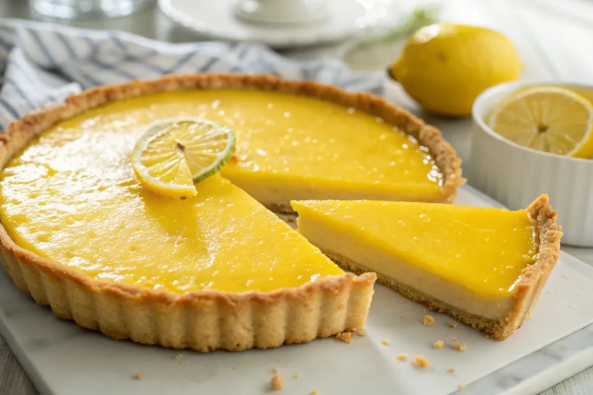 A freshly baked lemon tart with a golden crust and smooth, tangy filling, garnished with candied lemon peel.