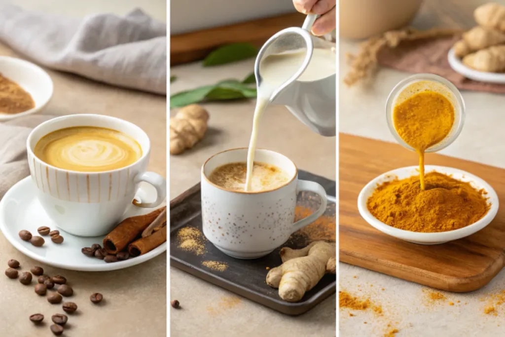 A step-by-step process of making a Turmeric Ginger Spice Latte, from brewing espresso to adding spices and frothing milk.