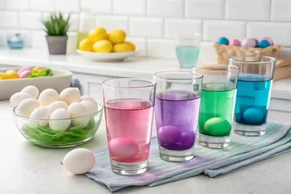 Four glasses filled with food-colored water and hard-boiled egg whites soaking to achieve vibrant pastel hues.