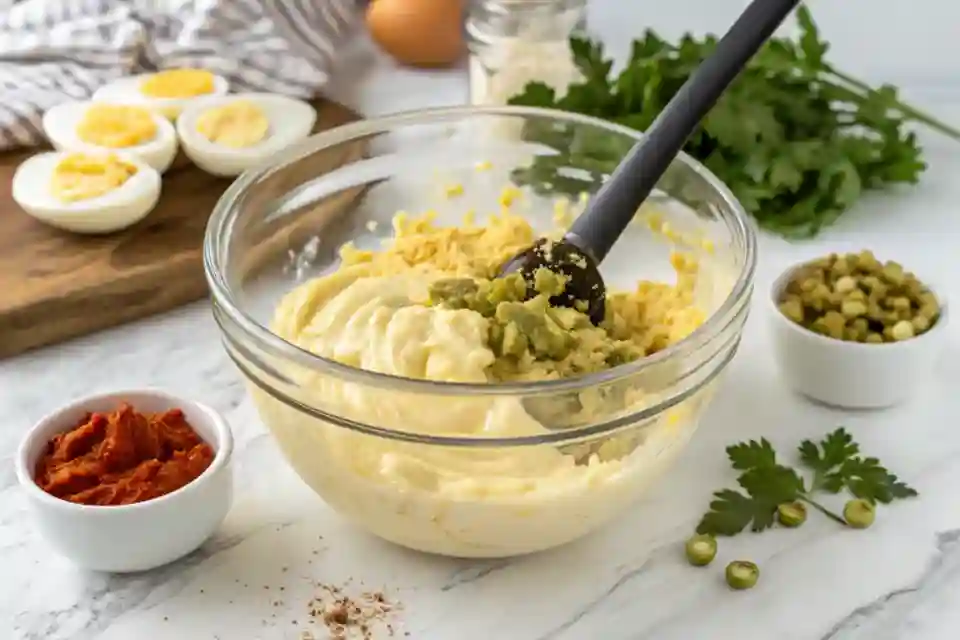 A mixing bowl filled with creamy egg yolk mixture, being stirred with a spatula on a marble countertop.