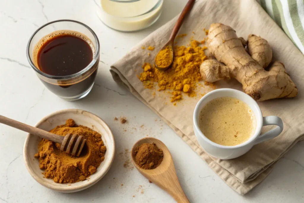 A flat lay of ingredients for a Turmeric Ginger Spice Latte, including turmeric powder, ginger root, espresso, milk, and honey.