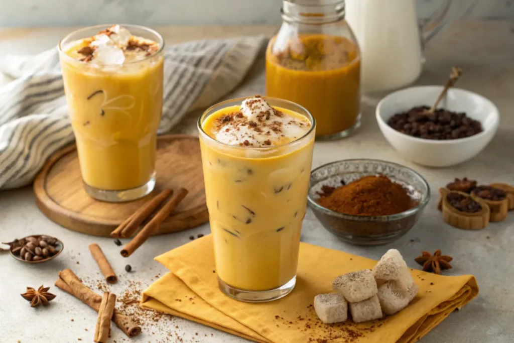 Different variations of the Turmeric Ginger Spice Latte, including iced, spiced, and dairy-free versions.