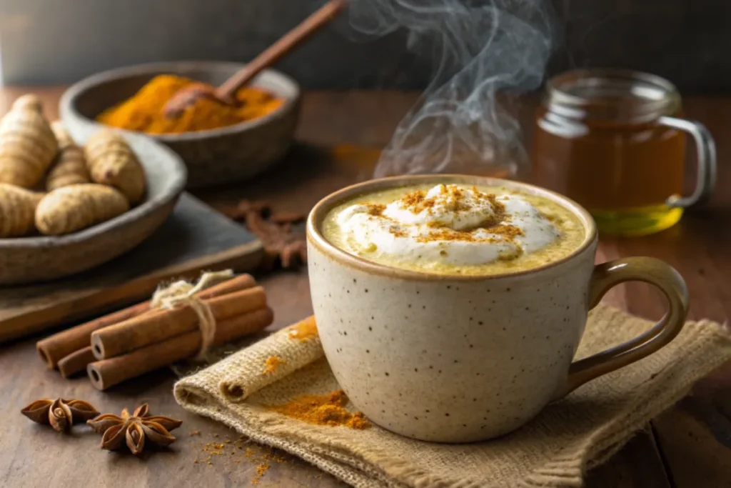 A warm Turmeric Ginger Spice Latte in a rustic ceramic mug, topped with frothy milk and a sprinkle of turmeric.