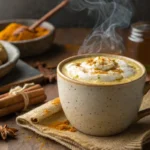 A warm Turmeric Ginger Spice Latte in a rustic ceramic mug, topped with frothy milk and a sprinkle of turmeric.