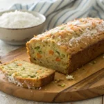 : Freshly baked zucchini carrot bread slices on a wooden board with coconut topping