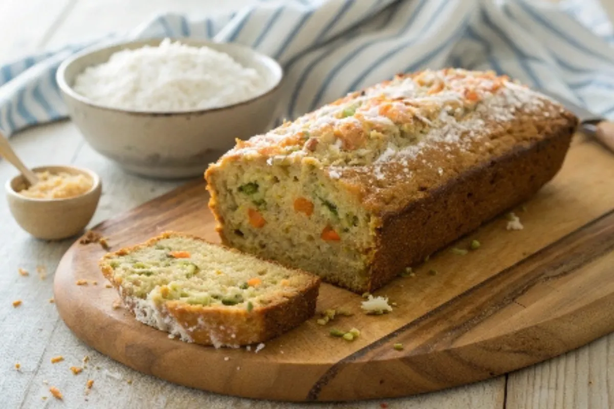 : Freshly baked zucchini carrot bread slices on a wooden board with coconut topping