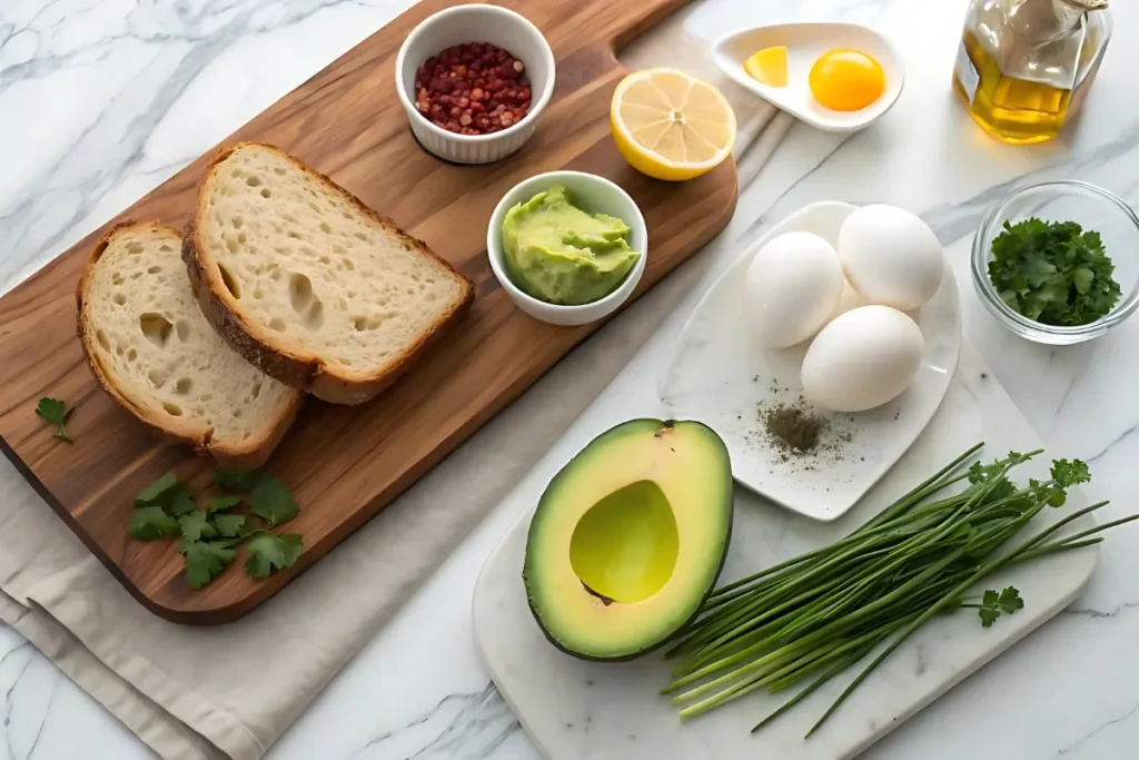 Fresh ingredients for avocado toast with poached egg on a marble countertop.