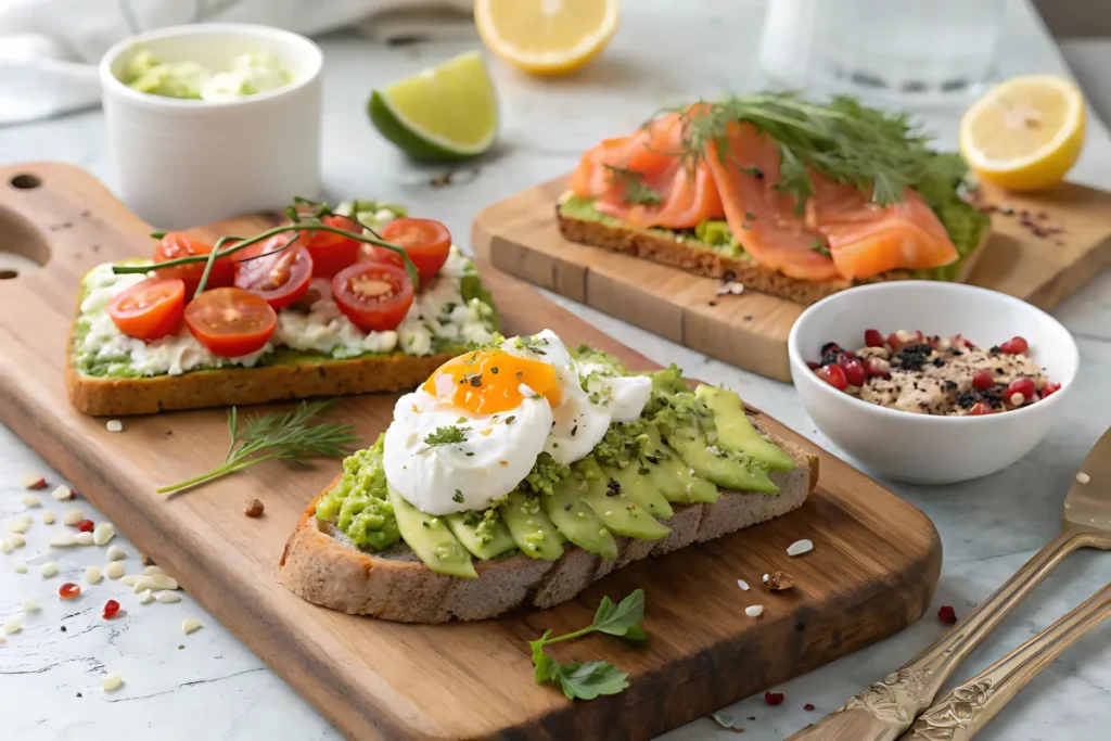 Avocado toast variations with different toppings like tomatoes, feta, and smoked salmon.