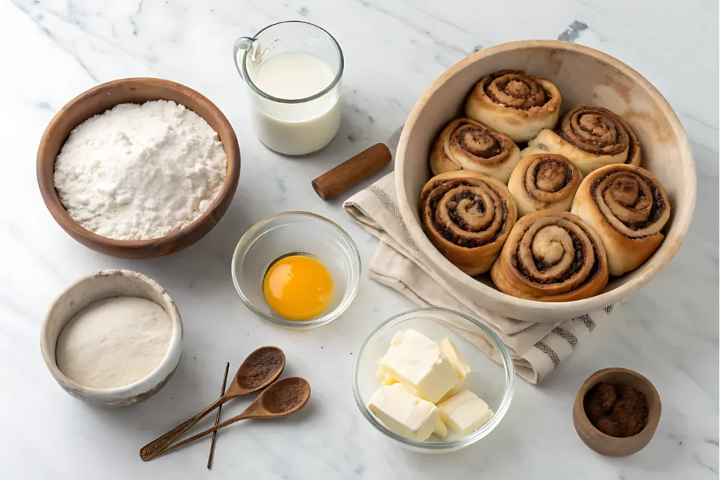 Ingredients for homemade cinnamon rolls arranged in bowls on a marble countertop.