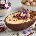 No-bake Easter egg cheesecake served in a hollow chocolate egg, topped with crumbled cookies, mini chocolate eggs, and edible flowers.