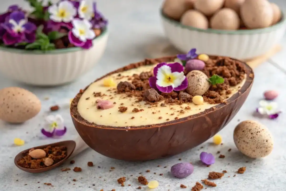 No-bake Easter egg cheesecake served in a hollow chocolate egg, topped with crumbled cookies, mini chocolate eggs, and edible flowers.