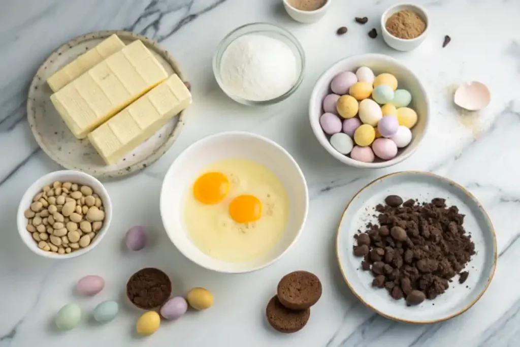 Ingredients for making Easter egg cheesecake, including chocolate eggs, cream cheese, sugar, vanilla, mini eggs, and cookie crumbs.