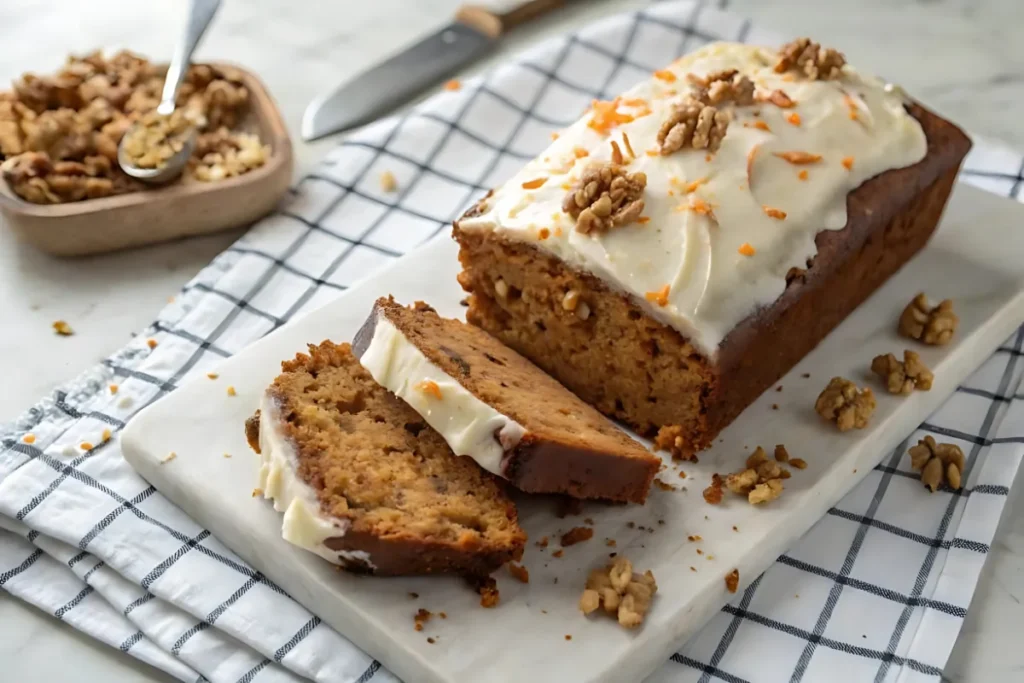 Freshly baked carrot cake loaf with cream cheese frosting and chopped walnuts