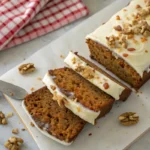 Freshly baked carrot cake loaf with cream cheese frosting and chopped walnuts