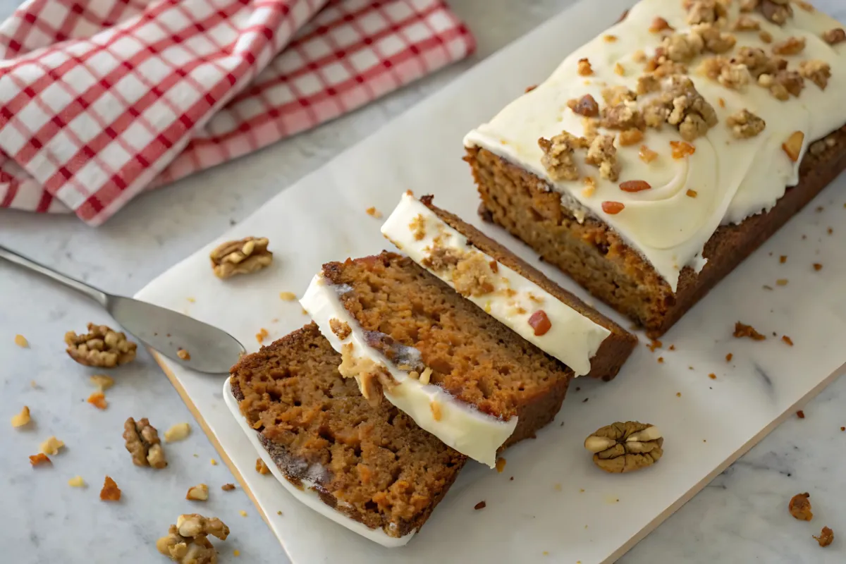 Freshly baked carrot cake loaf with cream cheese frosting and chopped walnuts