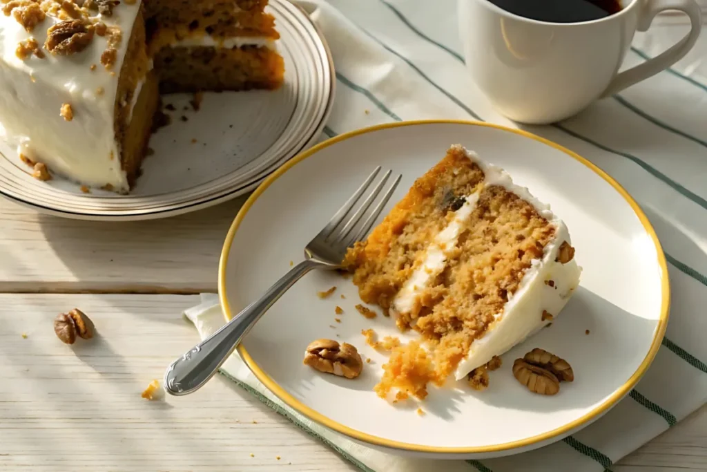 Freshly baked carrot cake loaf with cream cheese frosting and chopped walnuts