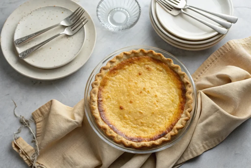 Freshly baked egg custard pie with a golden crust, sliced and served on a plate