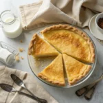 Freshly baked egg custard pie with a golden crust, sliced and served on a plate