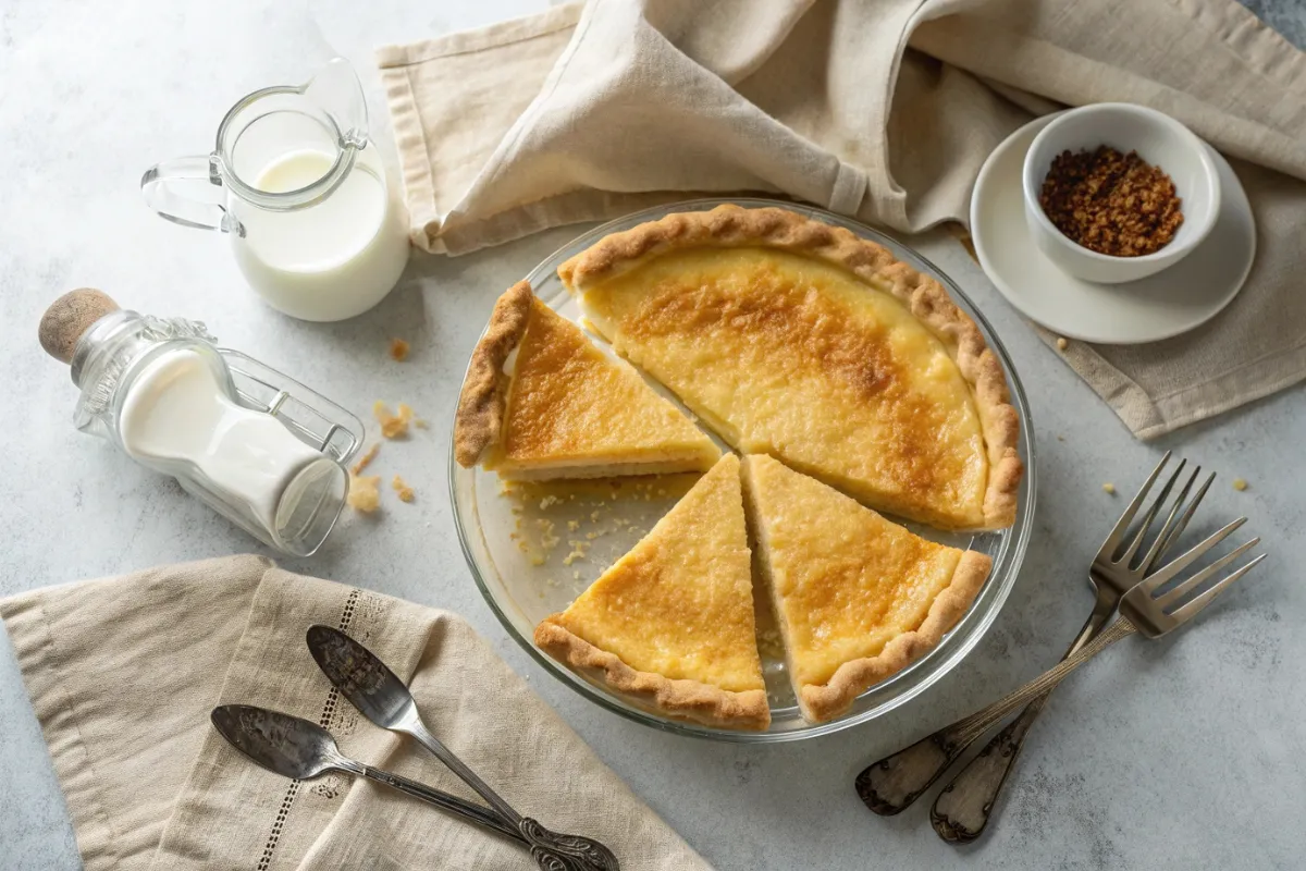 Freshly baked egg custard pie with a golden crust, sliced and served on a plate