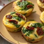 High protein egg bites served on a plate with fresh herbs, avocado, and cherry tomatoes.